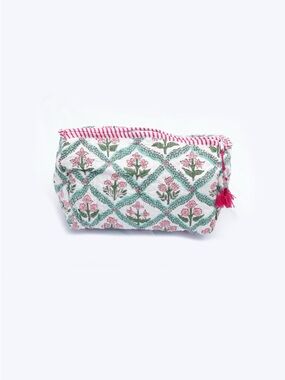 Floral Quilted Cotton Cosmetic Pouch - Pink & Green